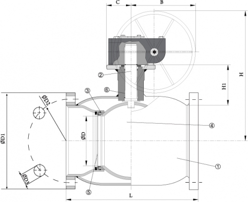 Конструкция шарового фланцевого крана с редуктором Dendor F3530