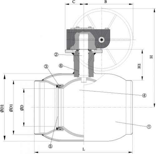 Конструкция шарового приварного крана с редуктором Dendor W3530